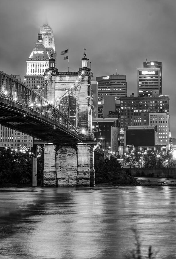 Cincinnati Ohio Skyline and Bridge - Black and White Photograph by Gregory Ballos