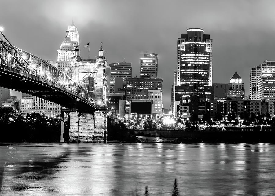 Cincinnati Skyline Photograph - Cincinnati Ohio Skyline and the Ohio River - Black and White by Gregory Ballos