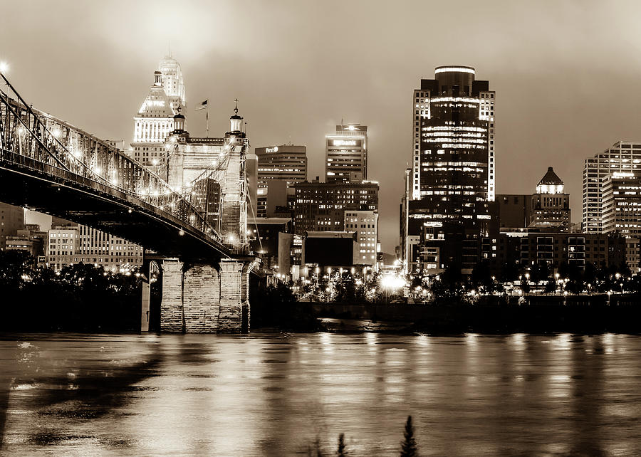 Cincinnati Ohio Skyline and the Ohio River - Sepia Photograph by Gregory Ballos