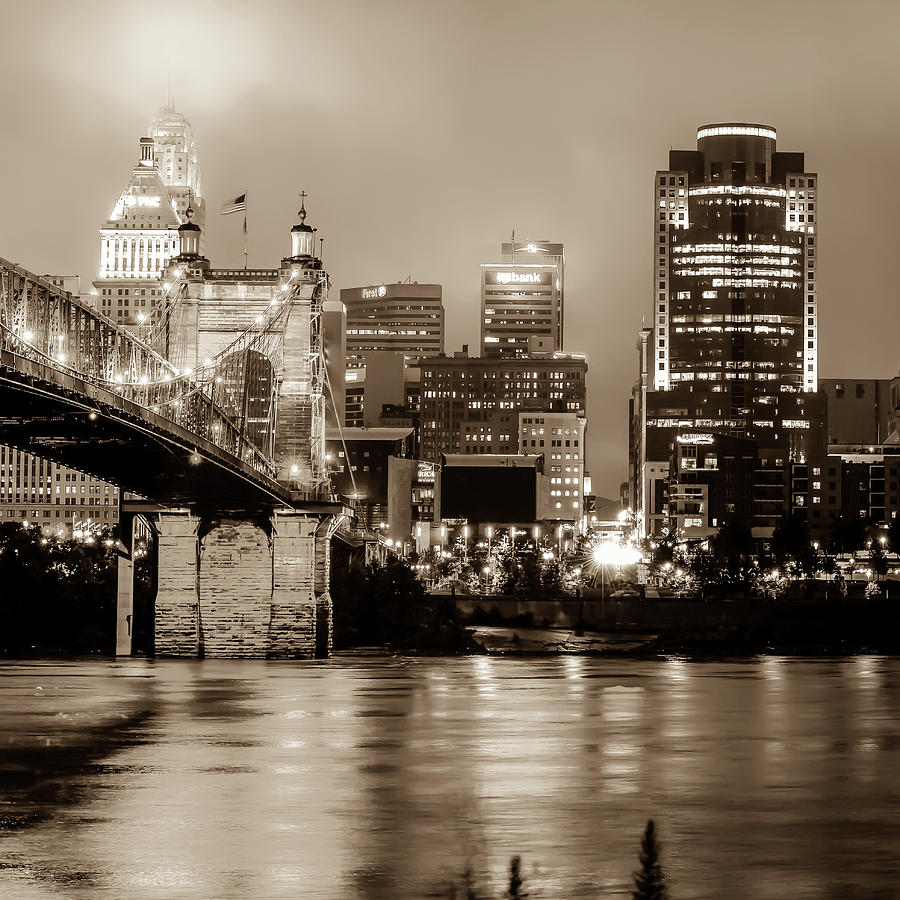 Cincinnati Ohio Skyline Cityscape in Sepia 1x1 Photograph by Gregory Ballos