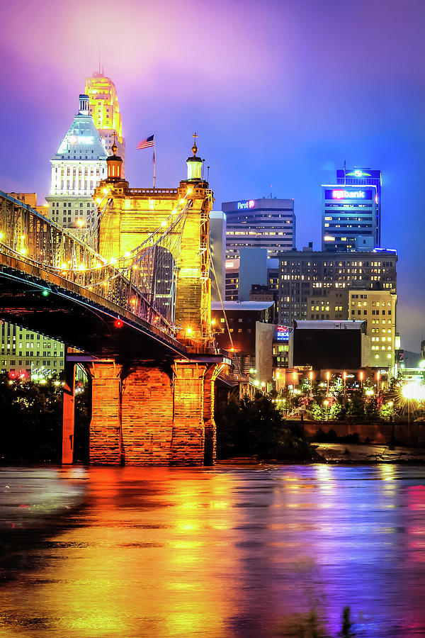  Cincinnati Ohio Skyline  With John Roebling Bridge Color 
