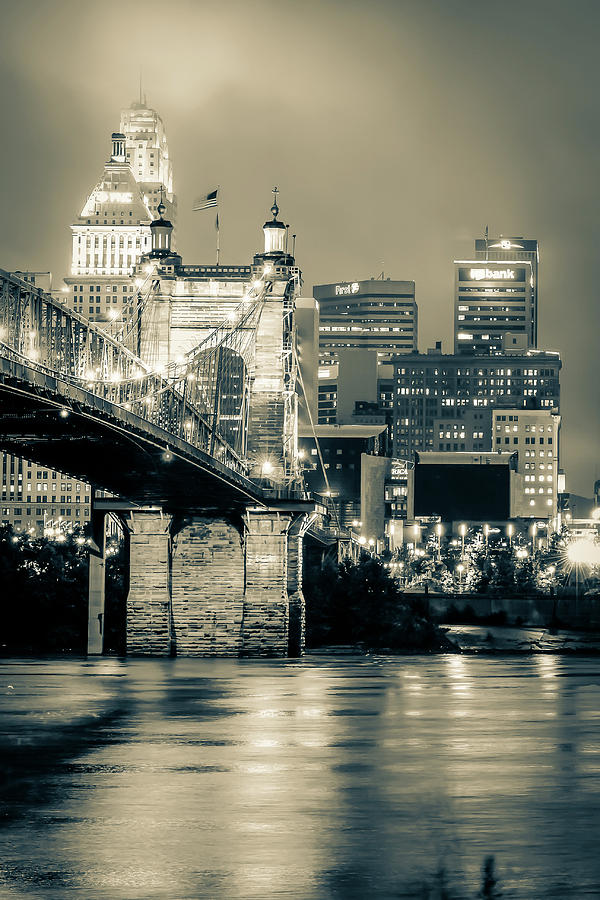Cincinnati Ohio Skyline With John Roebling Bridge - Sepia Photograph