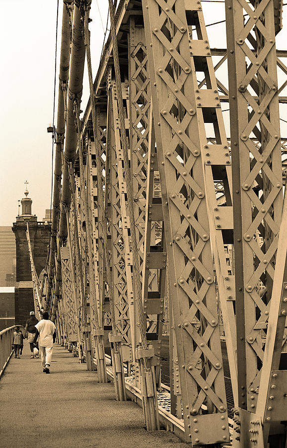 Cincinnati - Roebling Bridge 3 Sepia Photograph by Frank Romeo