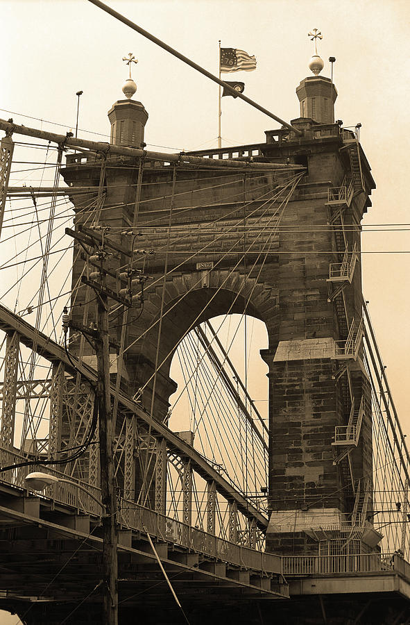 Cincinnati - Roebling Bridge 4 Sepia Photograph by Frank Romeo