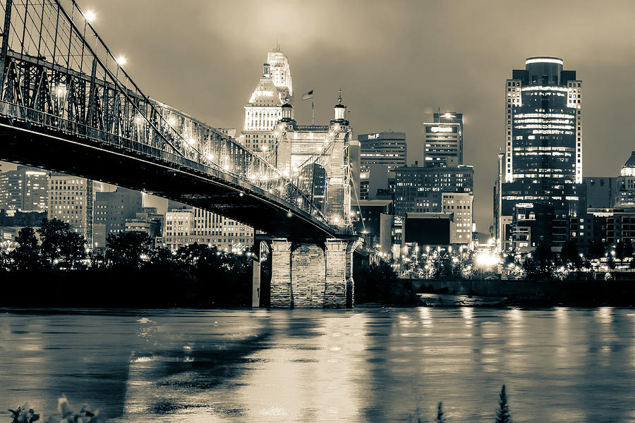 Cincinnati Skyline Photograph - Cincinnati Ohio Skyline and Roebling Bridge - Sepia Edition by Gregory Ballos