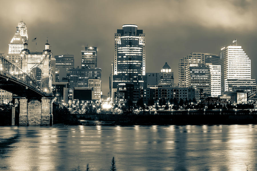 Cincinnati Skyline and Bridge Art - Ohio River Print - Cityscape Photography Black and White - Sepia Photograph by Gregory Ballos
