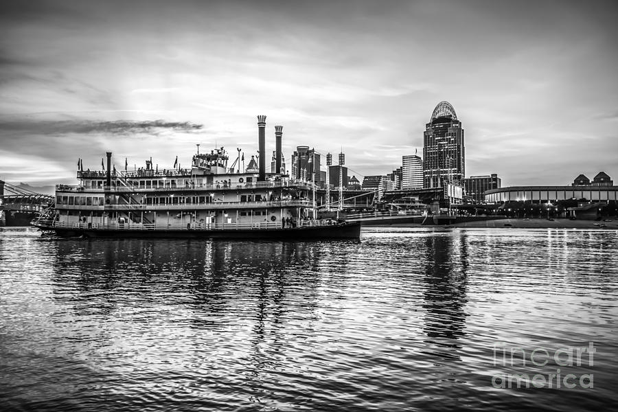 Cincinnati Skyline and Riverboat in Black and White Photograph by Paul Velgos