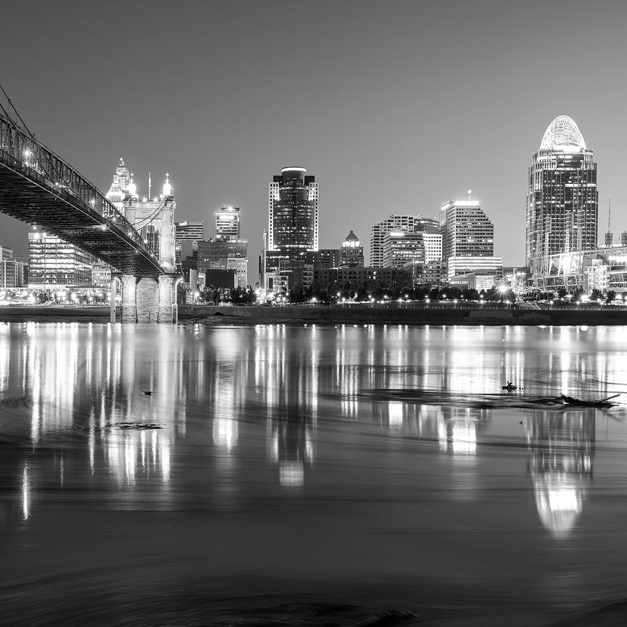 Cincinnati Skyline At Dawn - Square Format - Black And White Photograph