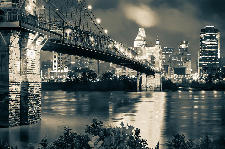 America Photograph - Cincinnati Skyline at Night in Sepia by Gregory Ballos