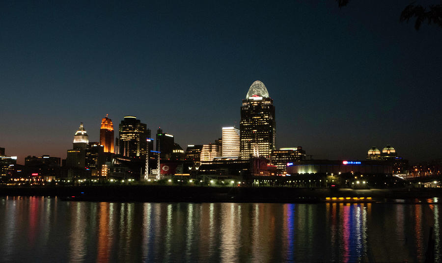 Cincinnati Skyline Photograph - Cincinnati Skyline at Night by Phyllis Taylor