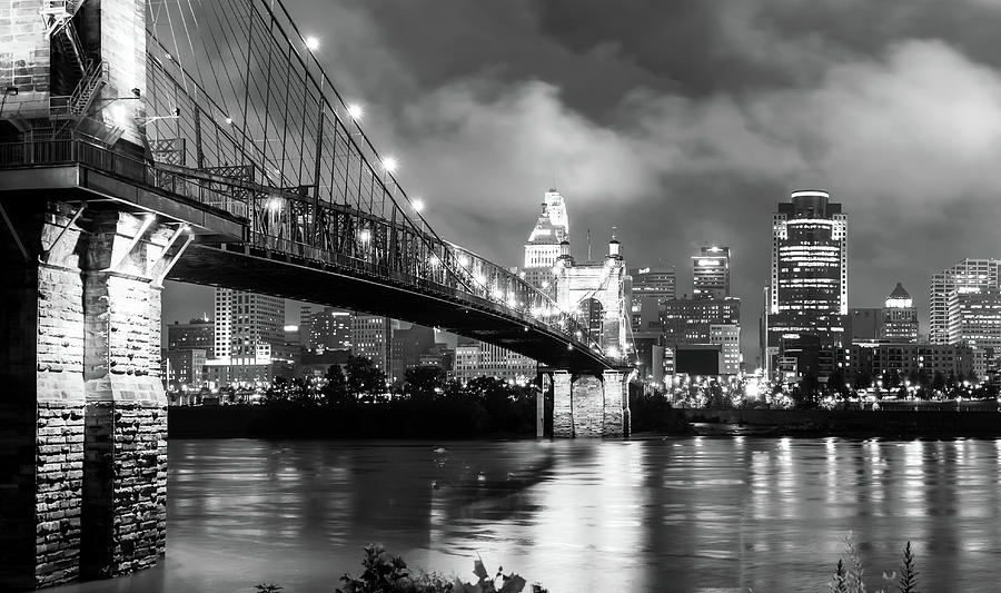 Cincinnati Skyline At Twilight - Black And White Photograph