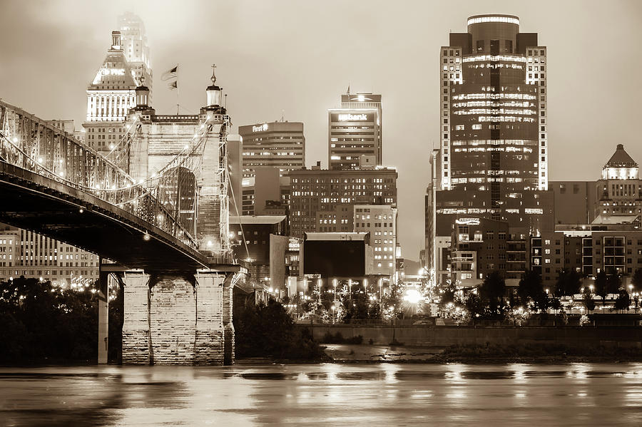 Cincinnati Skyline Cityscape on the River - Sepia Edition Photograph by Gregory Ballos