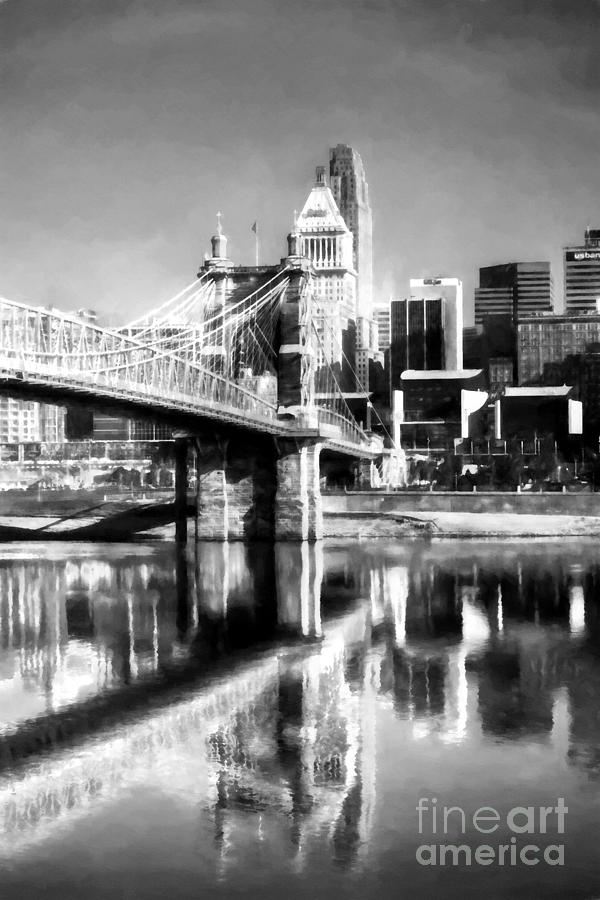 Cincinnati Skyline Reflections BW Photograph by Mel Steinhauer