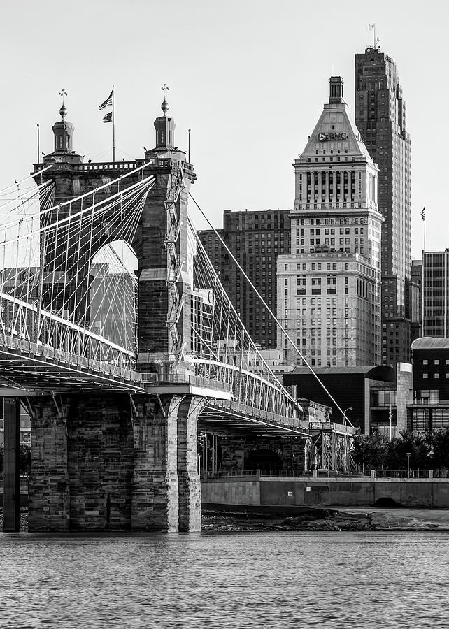 Cincinnati Skyscrapers and Roebling Bridge - Black and White Photograph by Gregory Ballos
