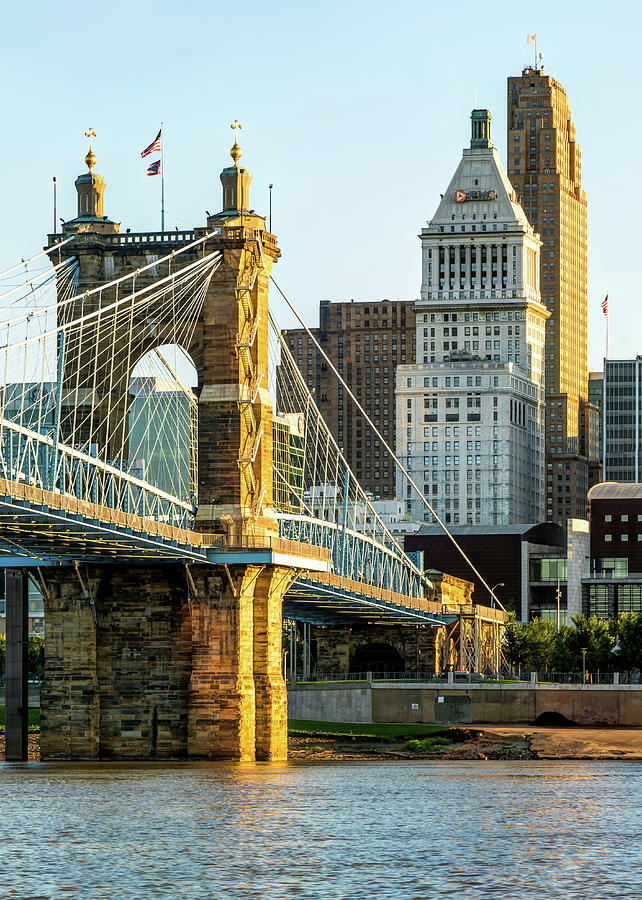Cincinnati Skyscrapers and Roebling Bridge Photograph by Gregory Ballos