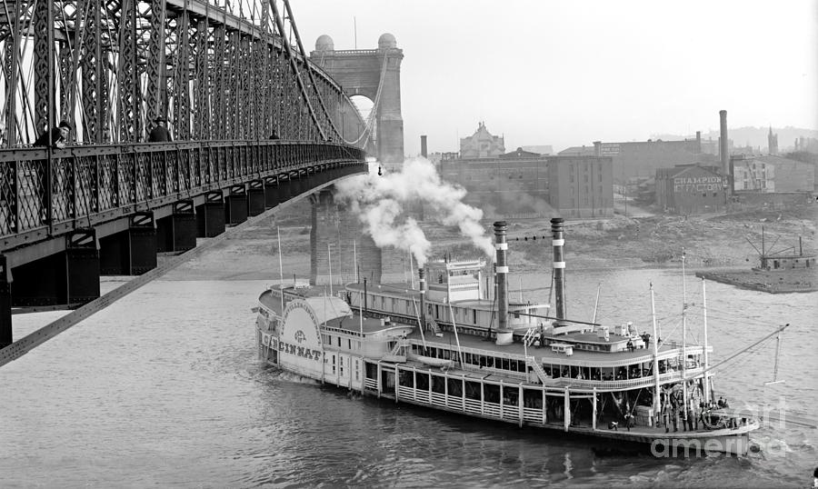 Cincinnati Suspension Bridge and Steamboat 1906 BW Photograph by Padre Art