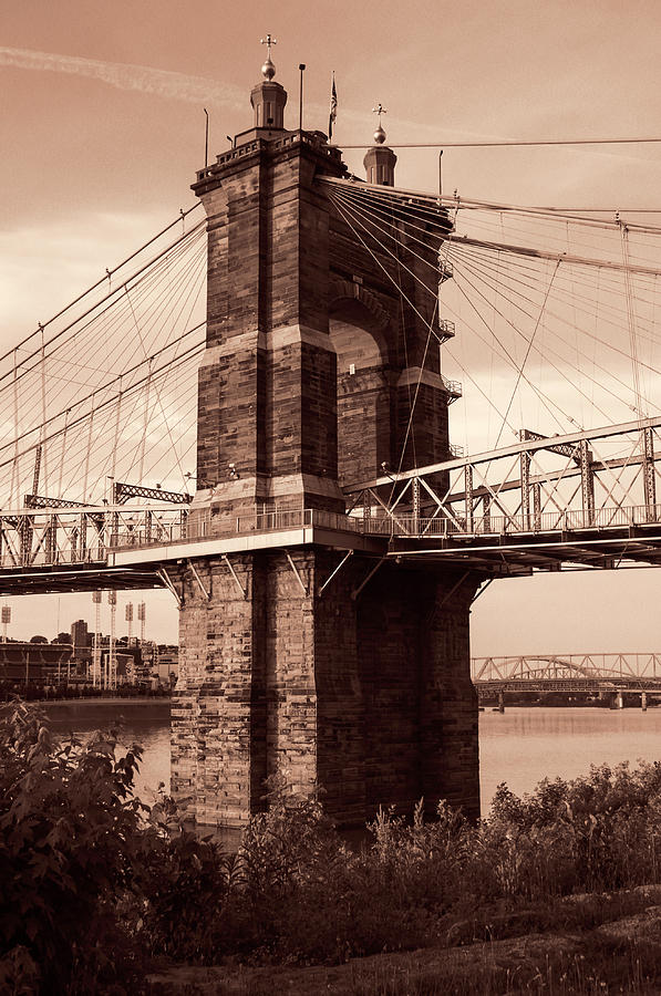 Cincinnati Photograph - Cincinnati Suspension Bridge Tower Sepia by Phyllis Taylor