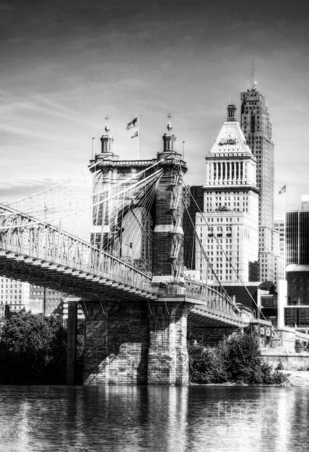 Cincinnati Photograph - Cincinnatis Suspension Bridge BW by Mel Steinhauer