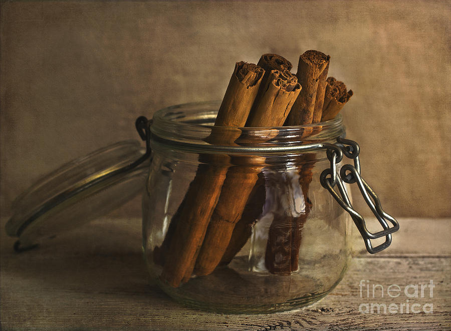 Still Life Photograph - Cinnamon sticks in a glass jar by Elena Nosyreva