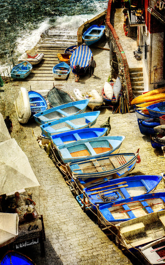 Cinque Terre - fishing boats in Riomaggiore - Vintage version Photograph by Weston Westmoreland