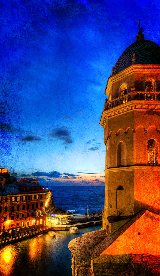 Cinque Terre - Vernazza harbor and bell tower - Vintage version Photograph by Weston Westmoreland
