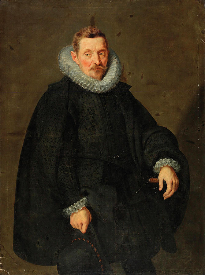 Portrait of a gentleman three quarter length, in a white ruff holding a hat Painting by Antwerp School