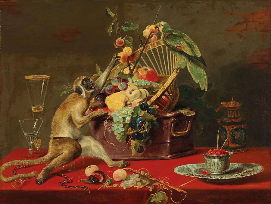 Circle Of Frans Snyders Antwerp 1579 1657 A Still Life Of Fruit With A Monkey Painting