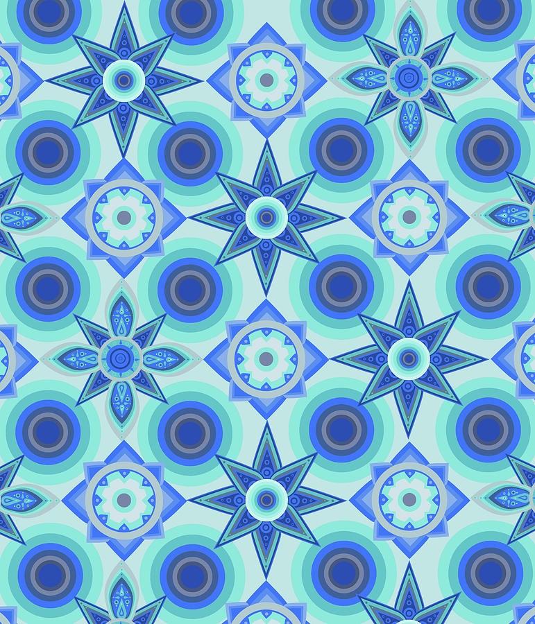 Circles And Flowers Blue Digital Art
