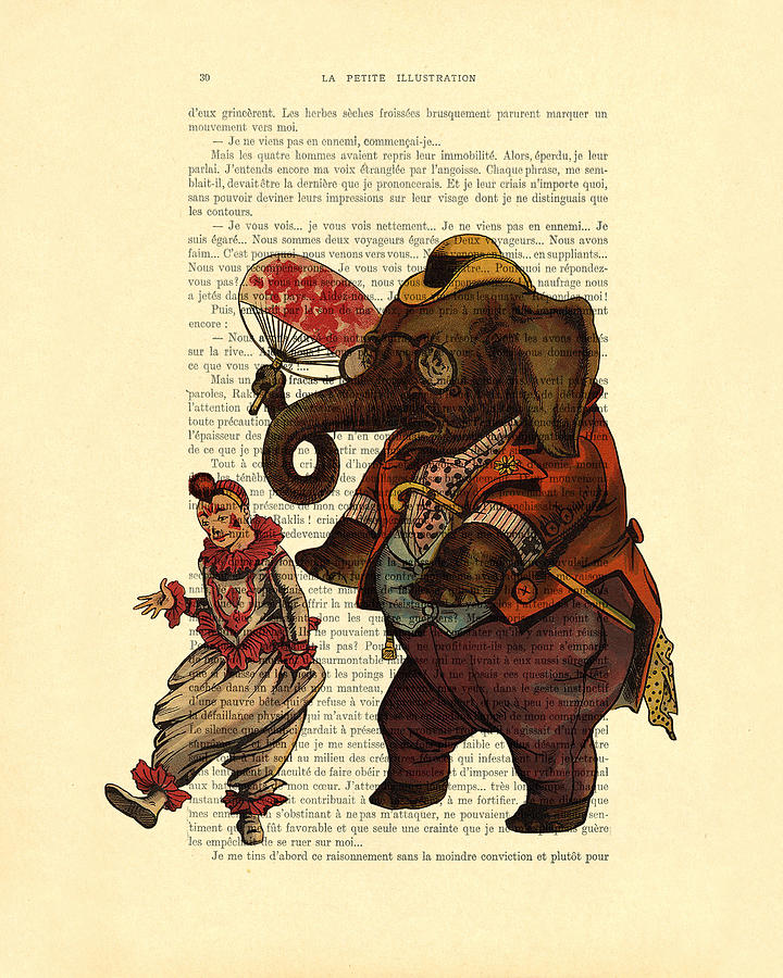 Animal Digital Art - Clown With Circus Elephant Vintage Illustration by Madame Memento