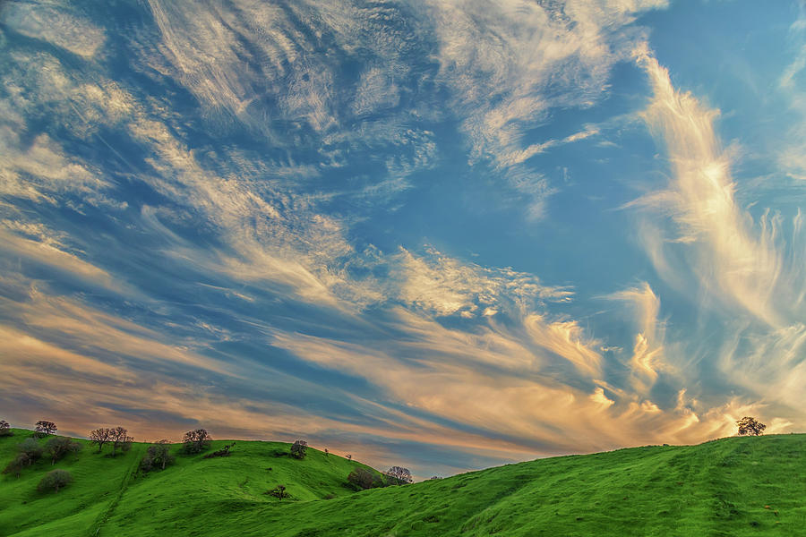 Cirrus Couds Over Green Hills Photograph