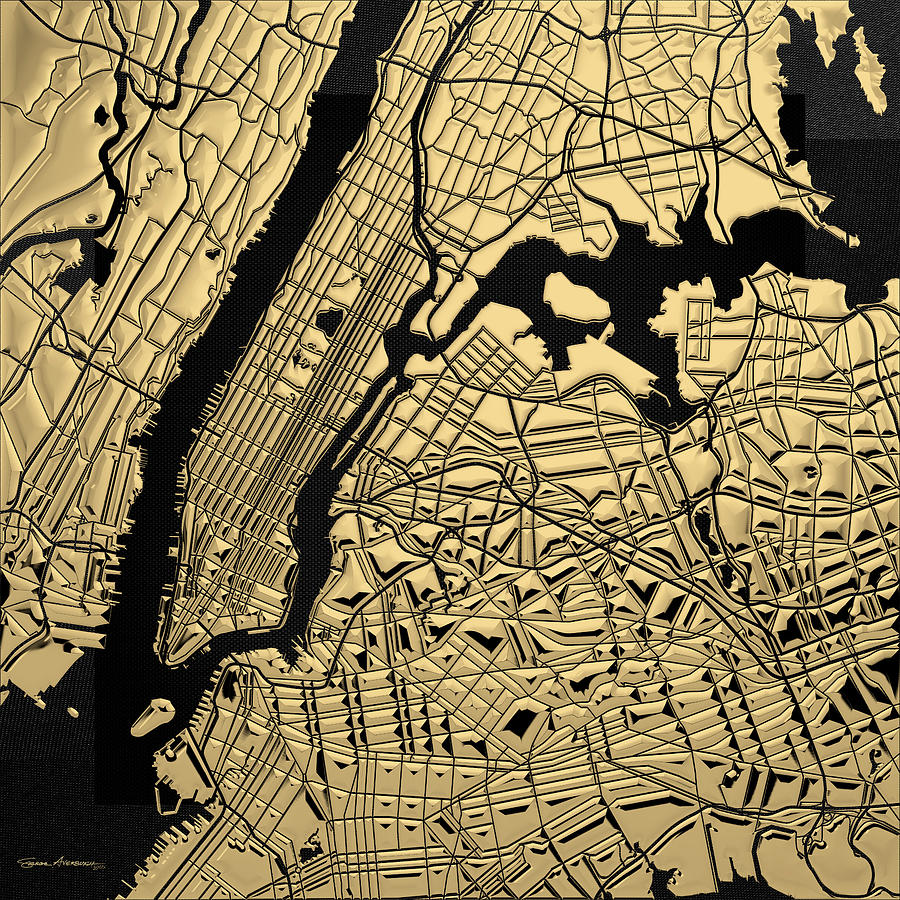 Cities of Gold - Golden City Map New York on Black Digital Art by Serge Averbukh