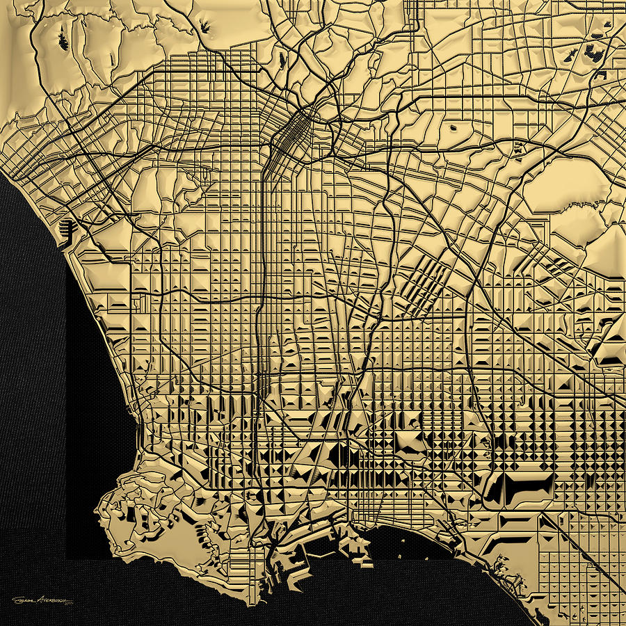 Cities of Gold - Golden City Map of Los Angeles on Black Digital Art by Serge Averbukh