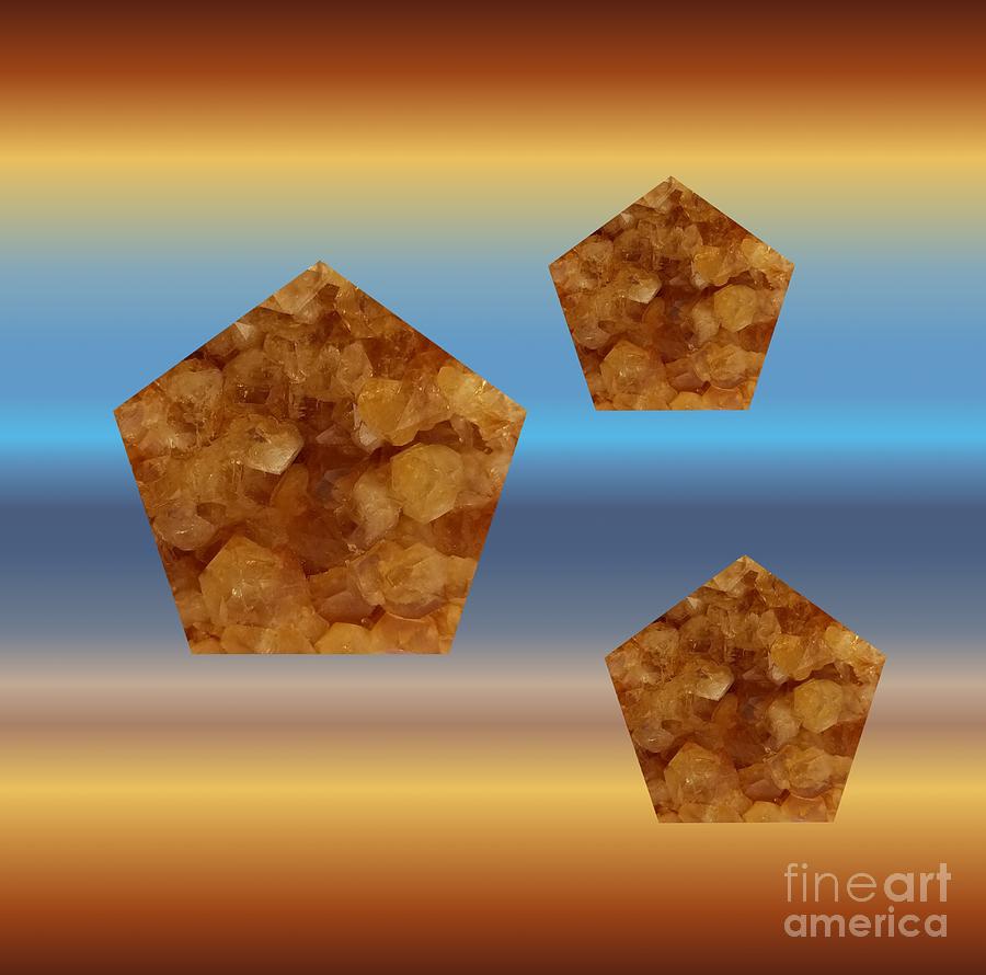 Citrine Pentagons on Blue and Copper Mixed Media by Rachel Hannah