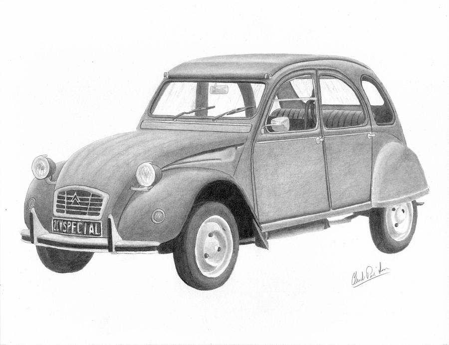 Citroen 2cv 1972 Drawing by Claude Prud' homme