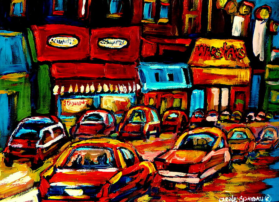 City At Night Montreal Street Scenes  Painting by Carole Spandau