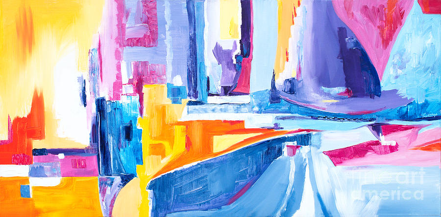 City at waters edge Painting by Priscilla Batzell Expressionist Art Studio Gallery