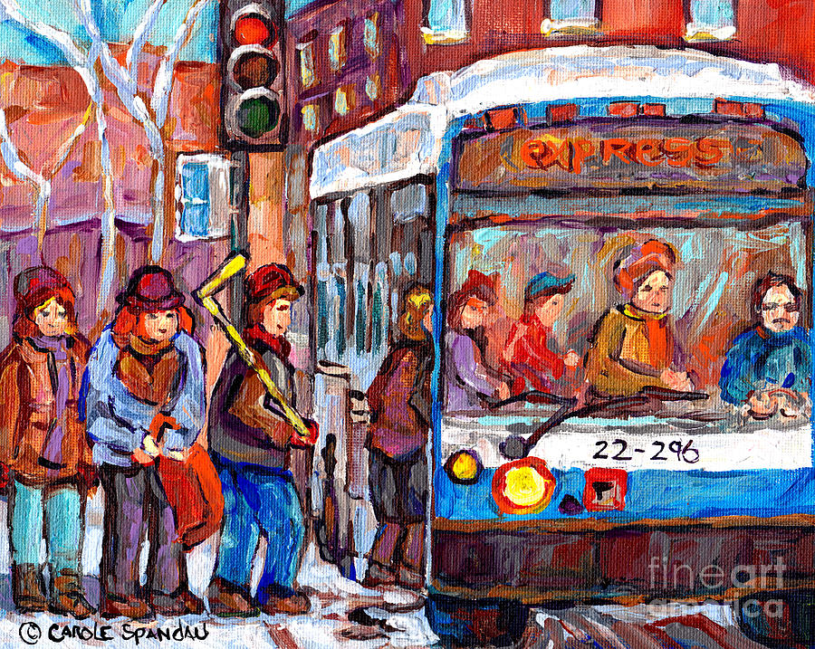 City Bus Scene Paintings Montreal Winter Scenes Plateau Mont Royal To Verdun Streetscenes C Spandau  Painting by Carole Spandau