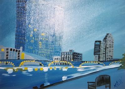 Architecture Painting - City By The Water Original by Christine Ward Architecture Painting - City By The Water Original by Christine Ward