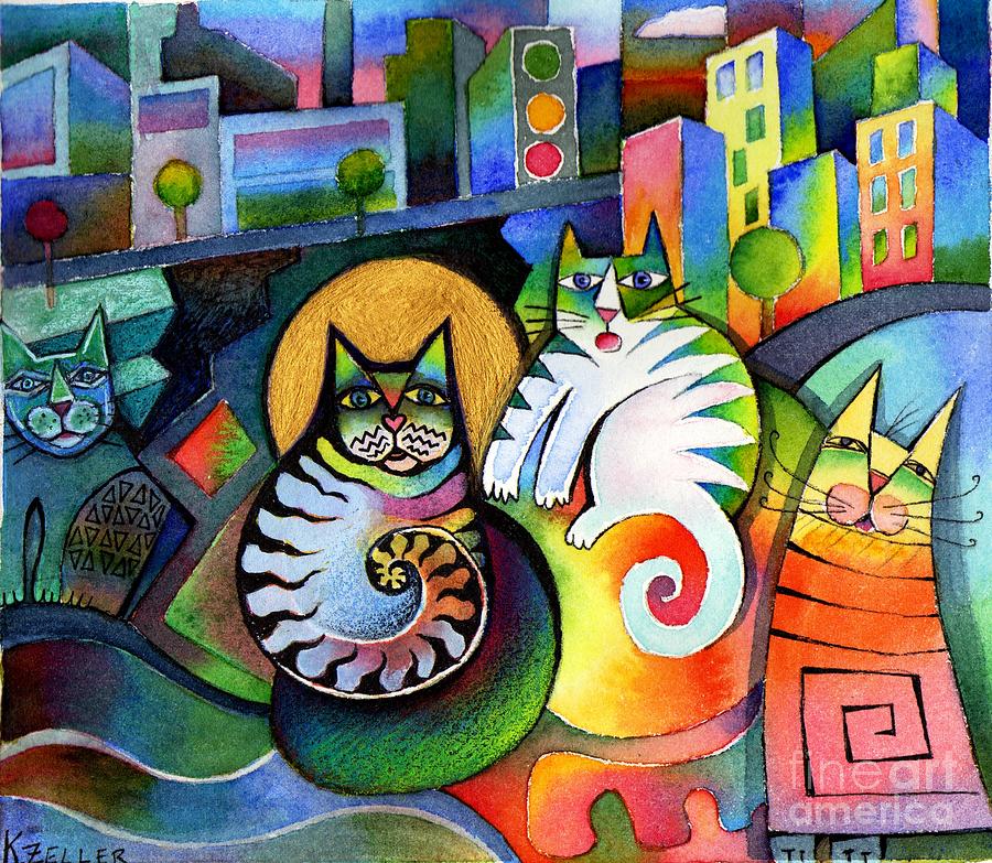 City Cats Painting by Karin Zeller