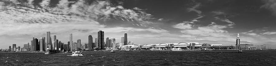 City - Chicago IL -  Chicago Skyline and The Navy Pier - BW Photograph by Mike Savad