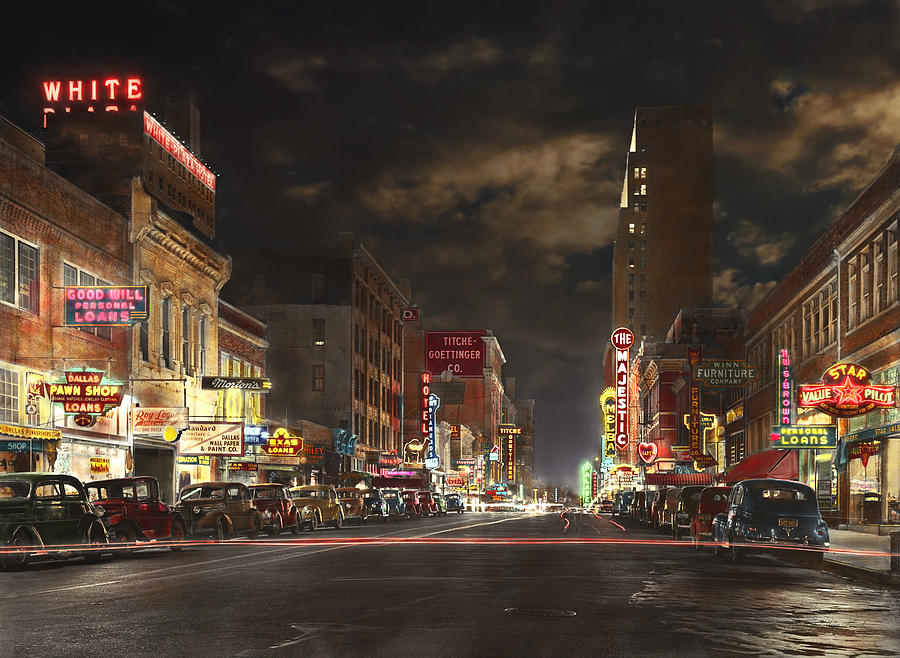 City - Dallas TX - Elm street at night 1941 Photograph by Mike Savad