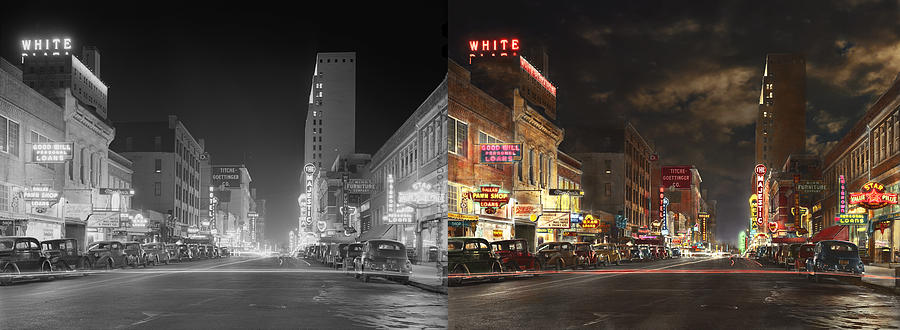 City - Dallas TX - Elm street at night 1941 - Side by Side Photograph by Mike Savad