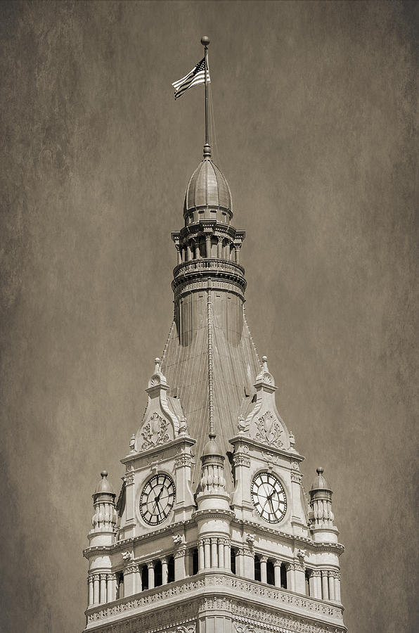 City Hall Tower  - Black and White Photograph by Susan McMenamin