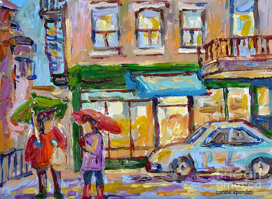 City In The Rain Late Afternoon At Bakery Rue St Viateur Montreal Canadian Art Carole Spandau        Painting by Carole Spandau