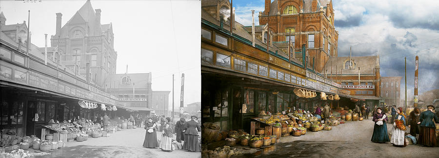 City - Kansas City farmers market - 1906 - Side by side Photograph by Mike Savad