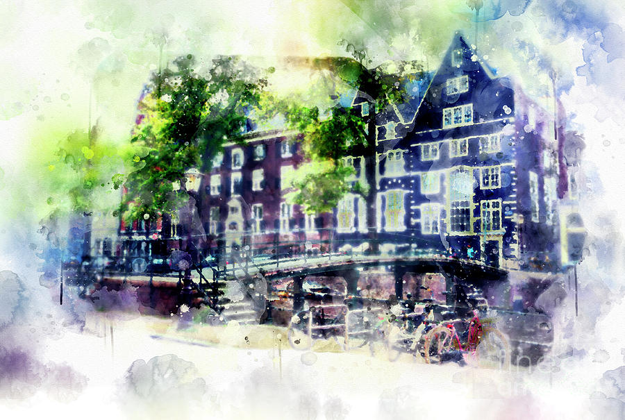 city life in watercolor style - Old Amsterdam  Digital Art by Ariadna De Raadt