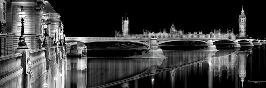 London Big Ben Westminster Bridge Reflection Black and White #1 Digital Art by Joe Tamassy
