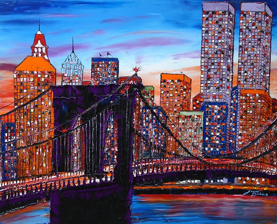 City Lights Over Brooklyn Bridge Twin Towers Painting by James Dunbar