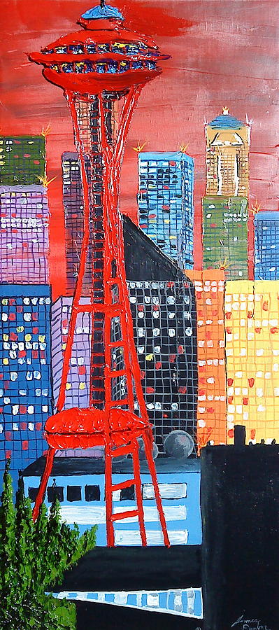 City Lights Over Seattle Space needle 1 Painting by James Dunbar