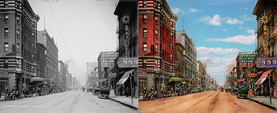 City - Memphis TN - Main Street Mall 1909 - Side by Side Photograph by Mike Savad